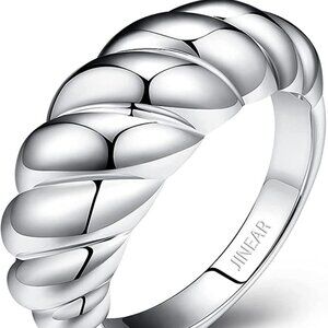 18k Gold Plated Croissant Braided Twisted Signet Chunky Dome Ring Stacking Star